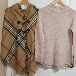 Fraas Scarf Poncho Plaid and Oddy Beige Sweater